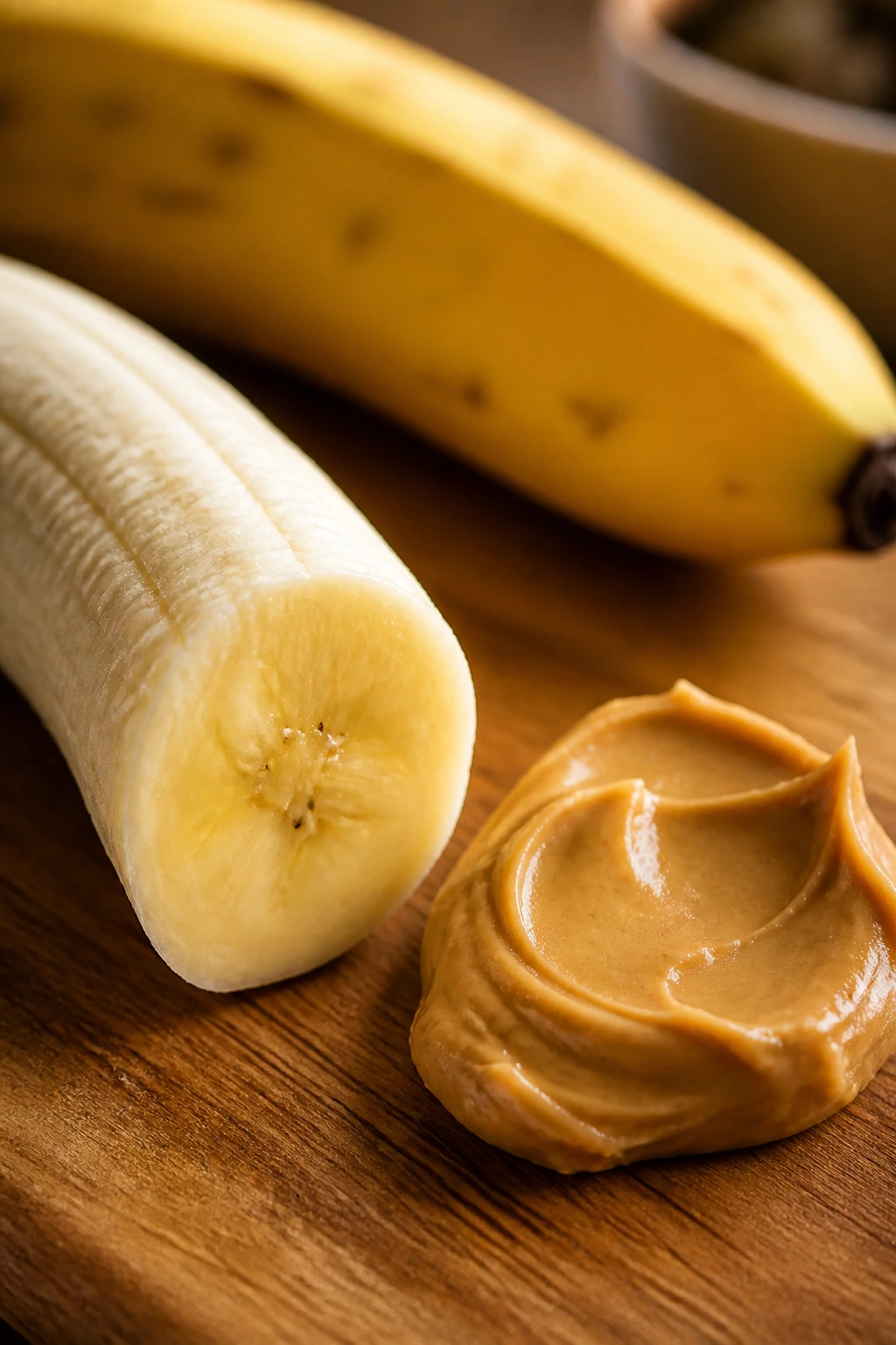 Medium close-up of banana half and peanut butter on a wooden counter, snack for weight loss.