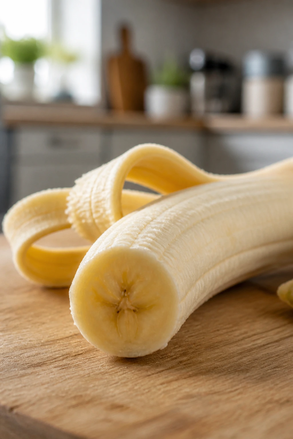 Can Guinea Pigs Eat Bananas And Banana Peel? 4 Close-up of a peeled banana half on a wooden surface