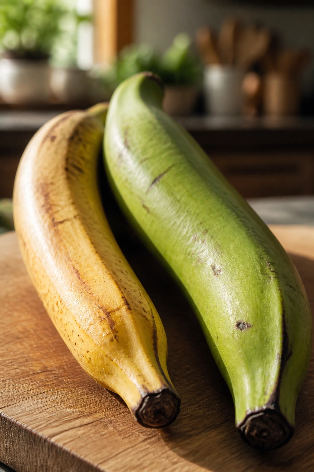 Banana and plantain on cutting board with blurred kitchen background.