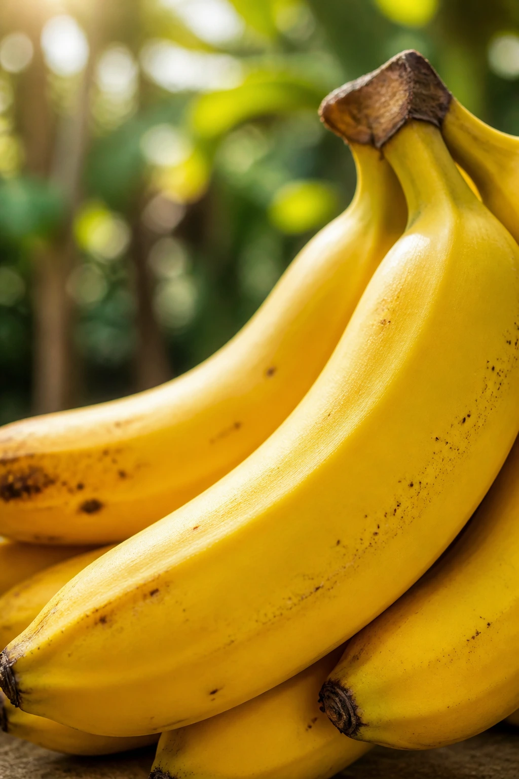 Close-up of a banana in bright outdoor sunlight with blurred garden background