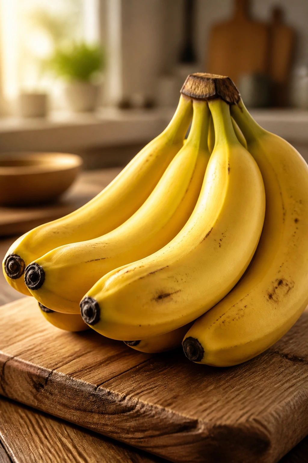 Are Bananas Good For Arthritis? Benefits, Effects & More 1 Close-up of a bunch of ripe bananas on a wooden cutting board in a sunlit kitchen