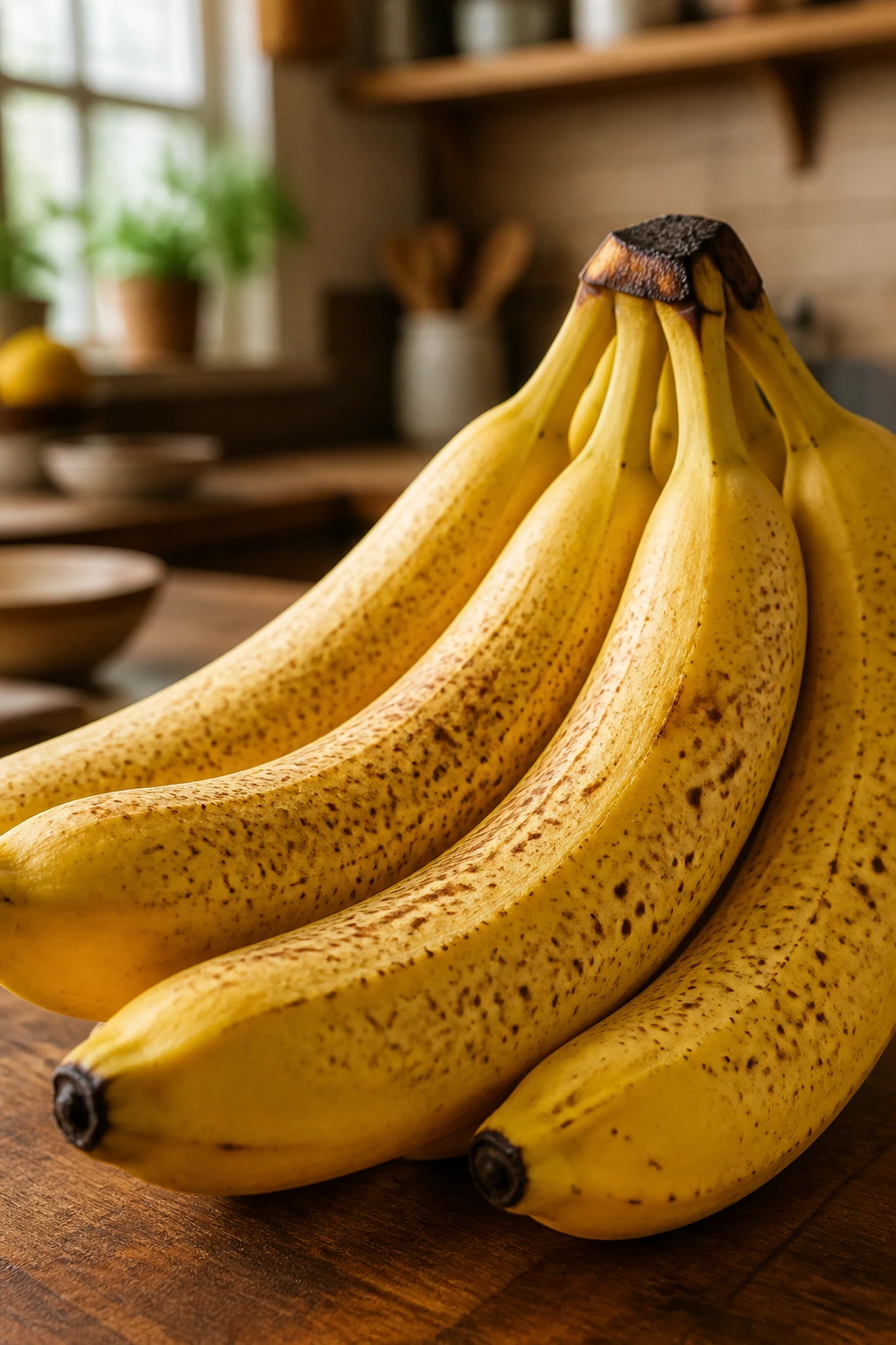 Why Are Bananas So Sweet And Delicious? 9 Close-up of ripe bananas with brown spots on a wooden kitchen counter