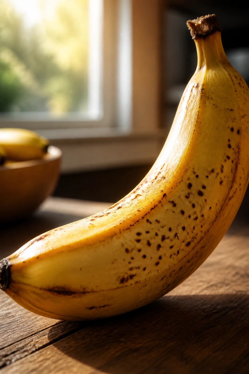 Why Are Bananas So Sweet And Delicious? 11 Close-up of a golden yellow banana on a wooden kitchen surface