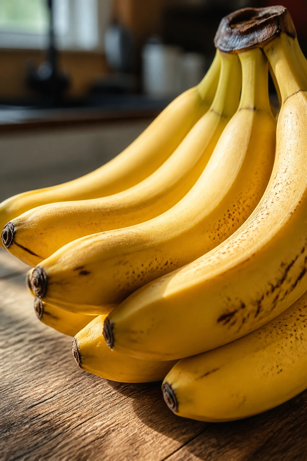 Are Bananas Good For Ulcerative Colitis? 1 Close-up of a ripe banana bunch on a rustic wooden counter with natural light
