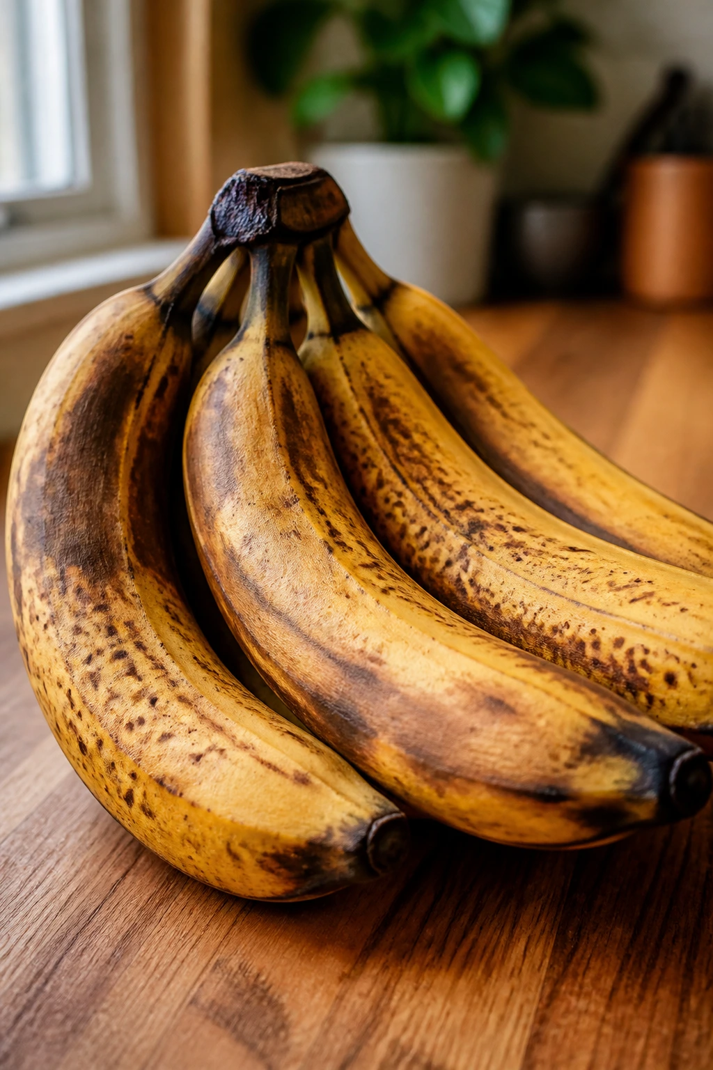 Close-up of ripe bananas on wooden counter