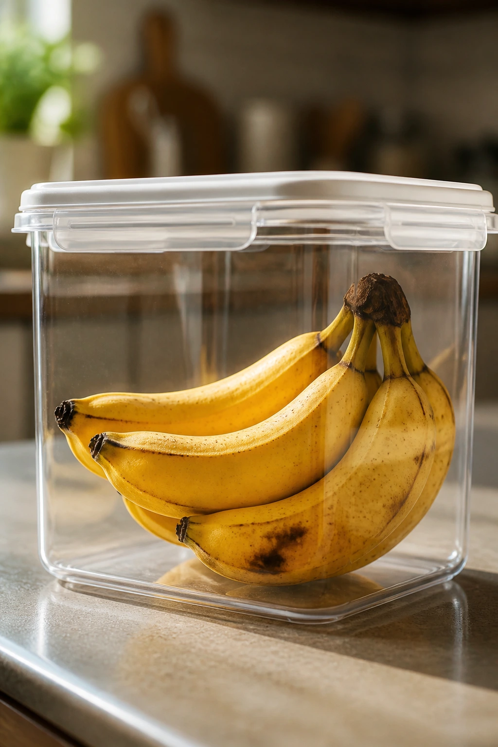 How to Keep Fruit Flies Away from Bananas: 100% Working Tips 2 Bananas inside a sealed airtight container on a kitchen counter