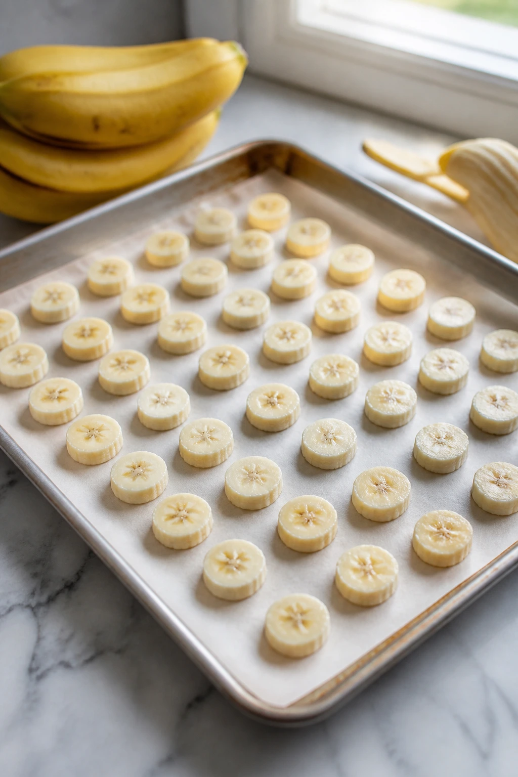 How Long Are Frozen Bananas Good For? All You Need To Know 5 Sliced ripe bananas spaced on parchment on a baking sheet for freezing.