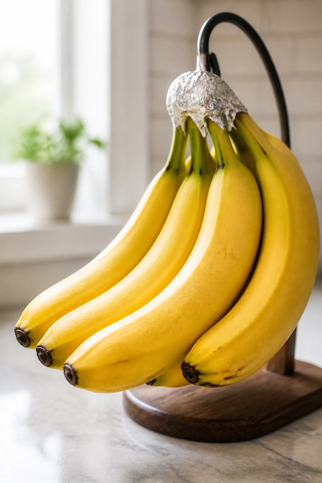 Bananas hanging on a banana hanger