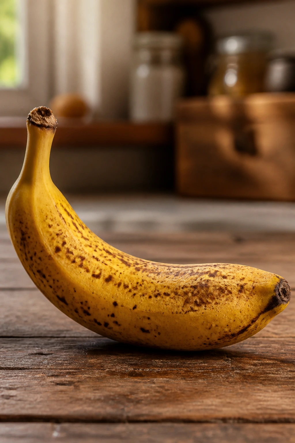 Close-up of a ripe yellow banana with brown spots on a rustic surface