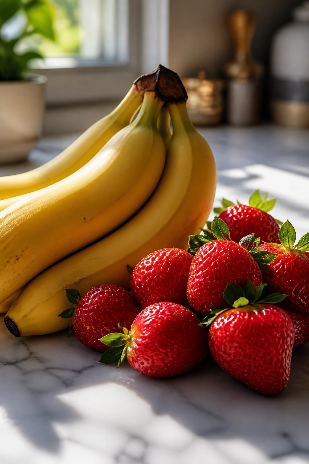 Banana vs Strawberry: Which is Better for You? 2 Close-up of a banana and strawberry highlighting health benefits for energy and immunity