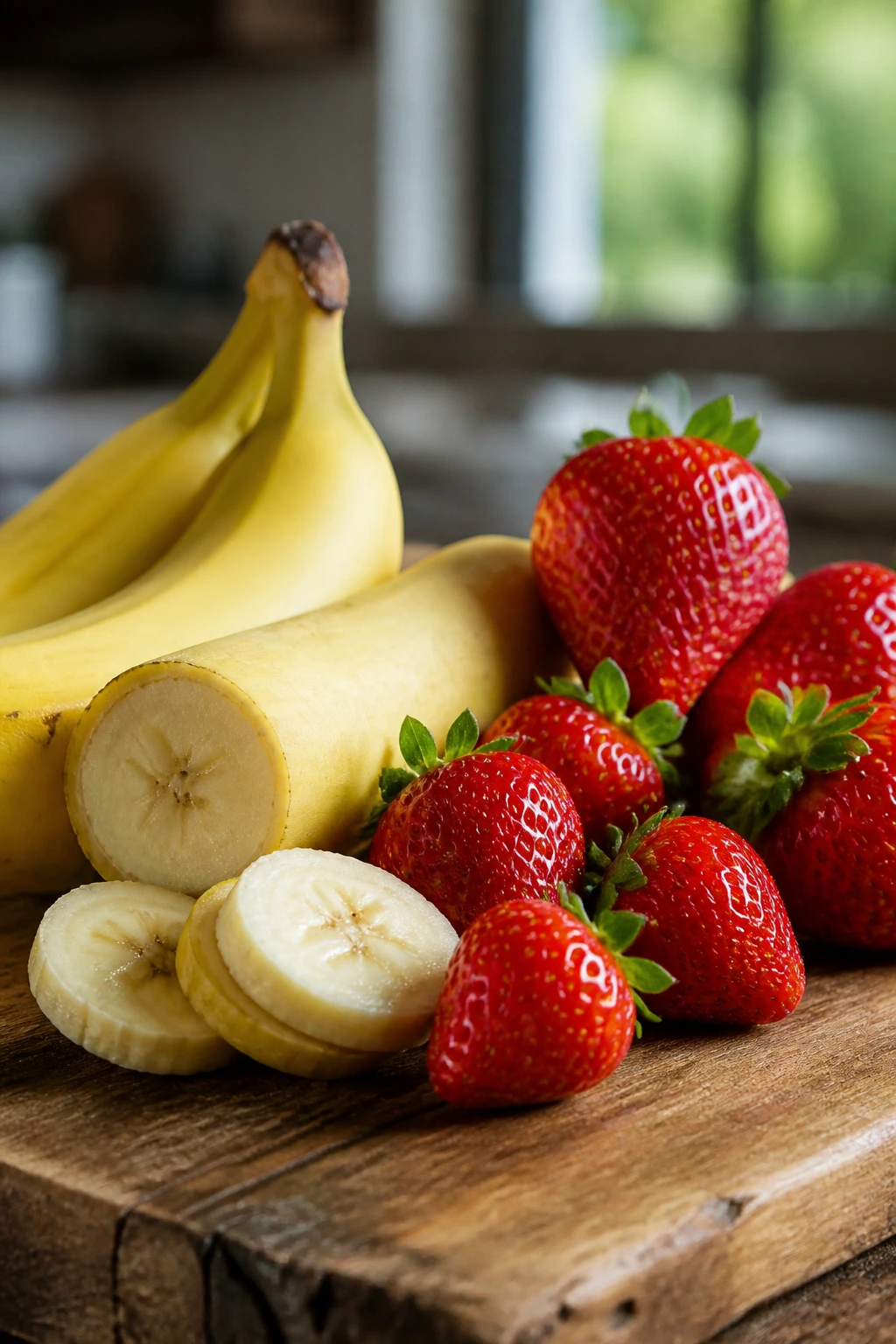 Banana vs Strawberry: Which is Better for You? 1 Close-up of a banana and strawberries showing nutritional profiles with vitamins and fiber
