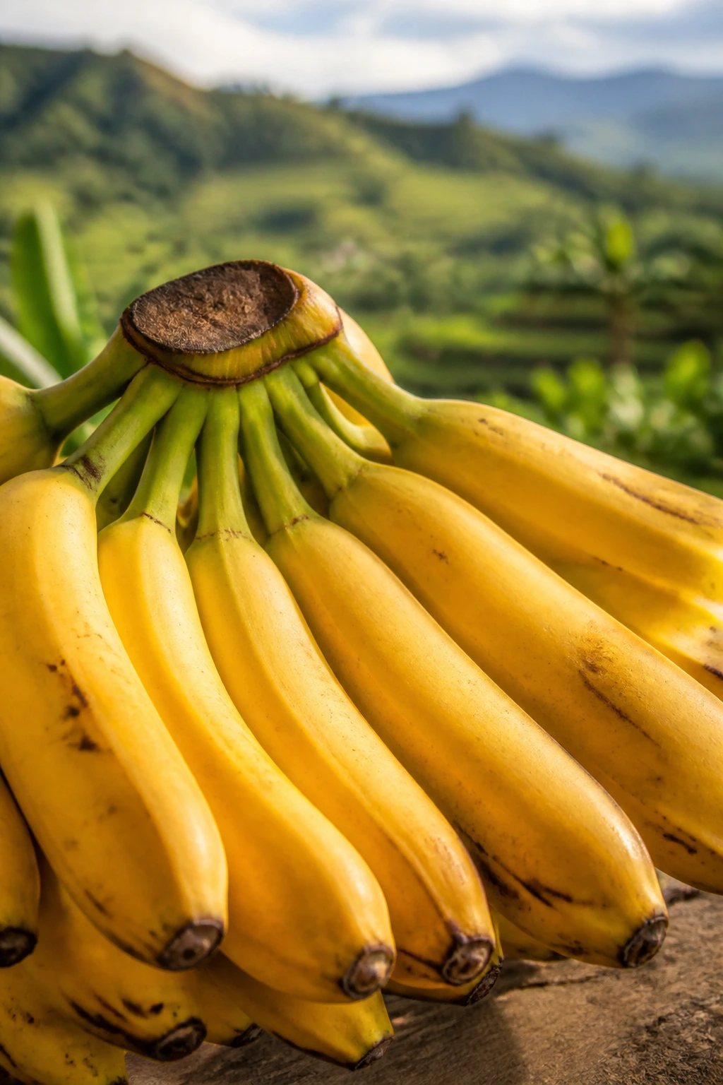 Banana bunch with farm landscape background