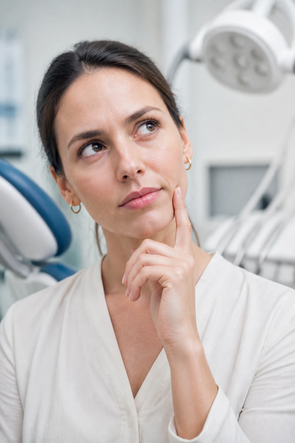 Close-up portrait of a real person in a dental clinic, contemplating bananas and dental health.