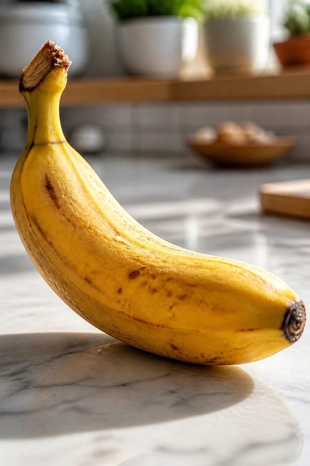 Close-up of a ripe banana on a kitchen counter