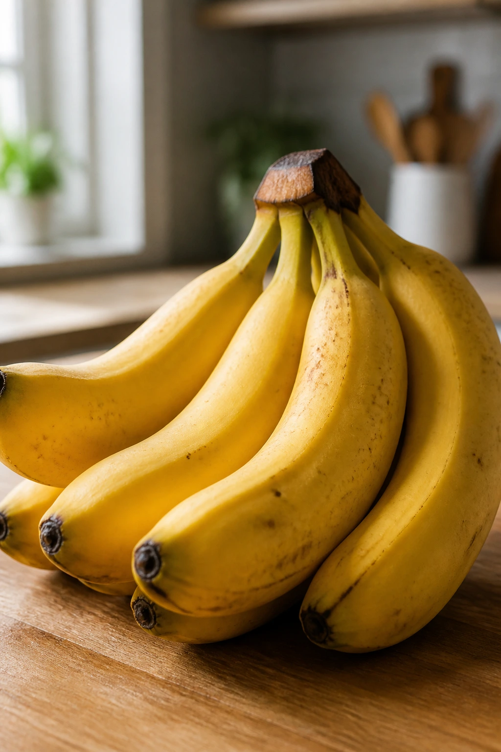 Bunch of ripe bananas on a wooden kitchen counter.