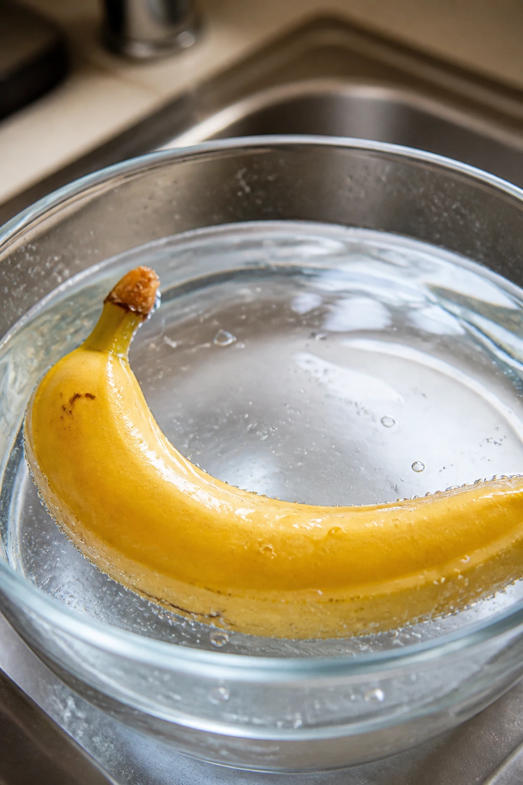 Single ripe banana submerged in water in a bowl, demonstrating washing.