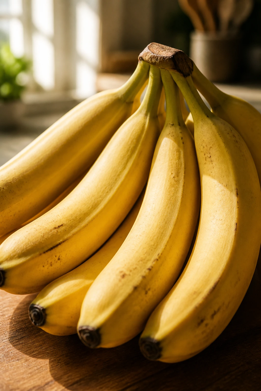 Bananas and the USA: Are Bananas Grown in the USA? 1 Close-up of a ripe banana bunch on a wooden kitchen counter with warm natural light