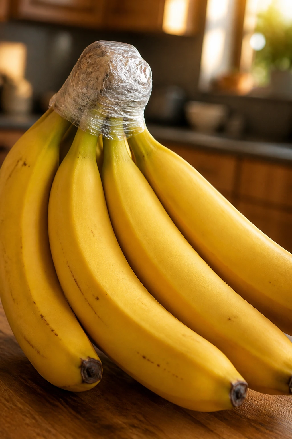 Close-up of bananas with stems wrapped in plastic in a modern kitchen