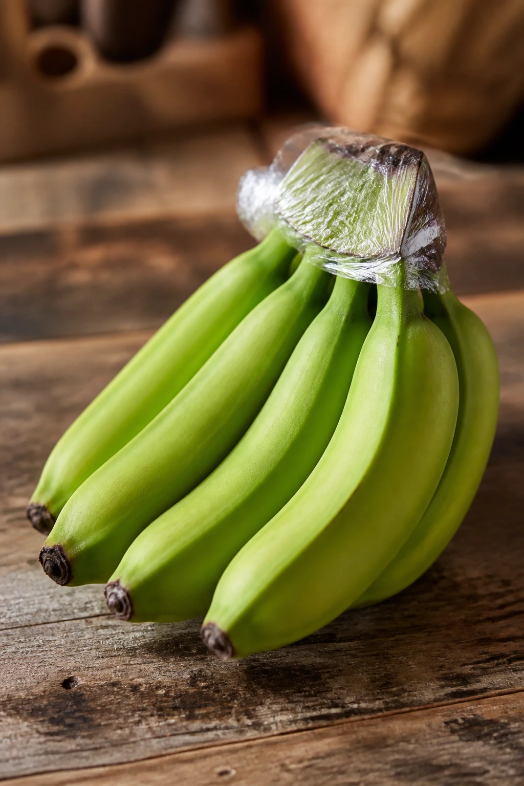 Why Are Bananas Splitting Open? And How To Stop It? 2 Close-up of a banana bunch with stems wrapped in plastic wrap on a wooden counter