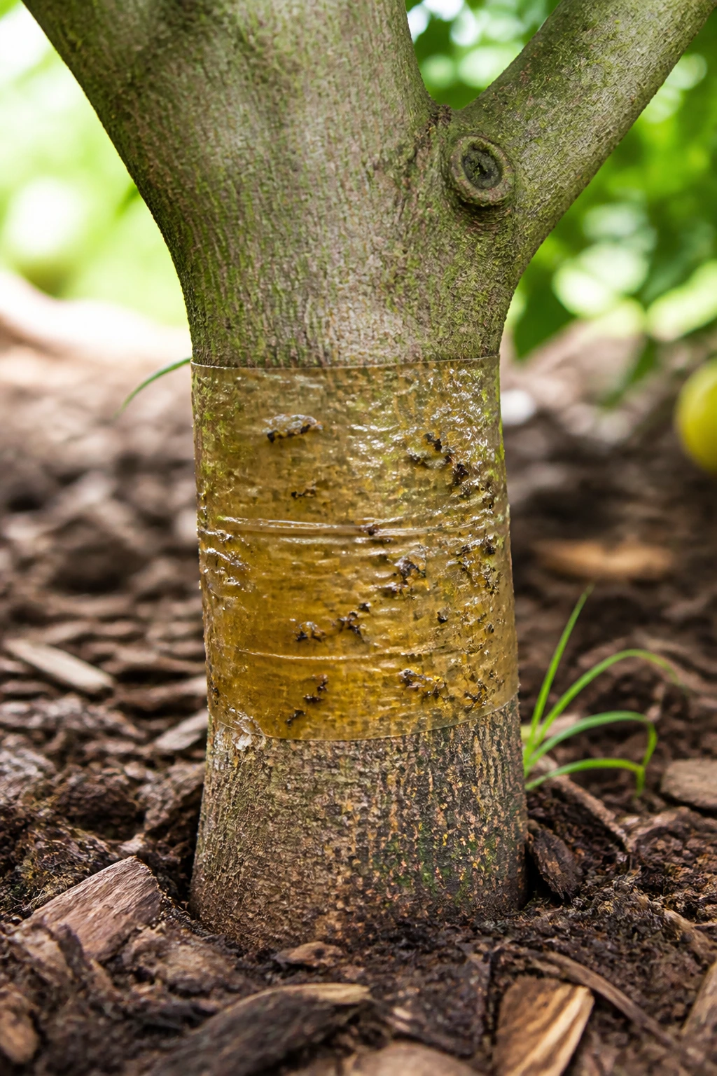 How to Keep Ants Off Fruit Trees: 100% Working Tips 3 Close-up of a tree trunk with a sticky barrier around its base in a sunlit garden
