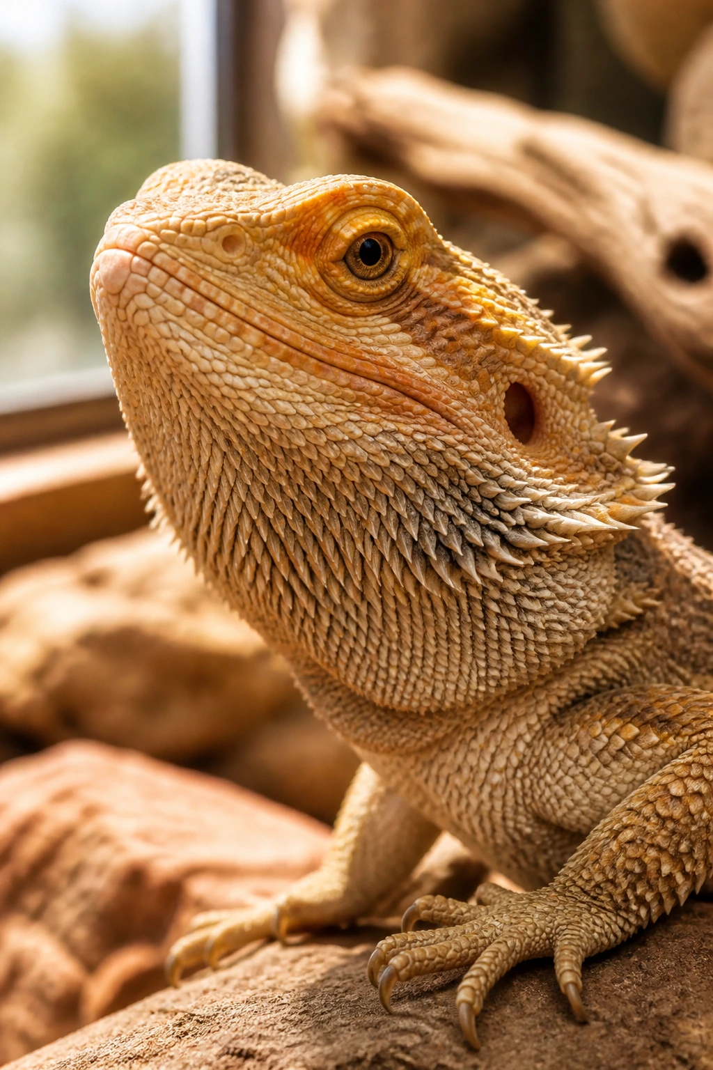 Can Bearded Dragons Eat Pears? Are They A Safe Choice? 6 Close-up portrait of a bearded dragon in a rocky desert terrarium.