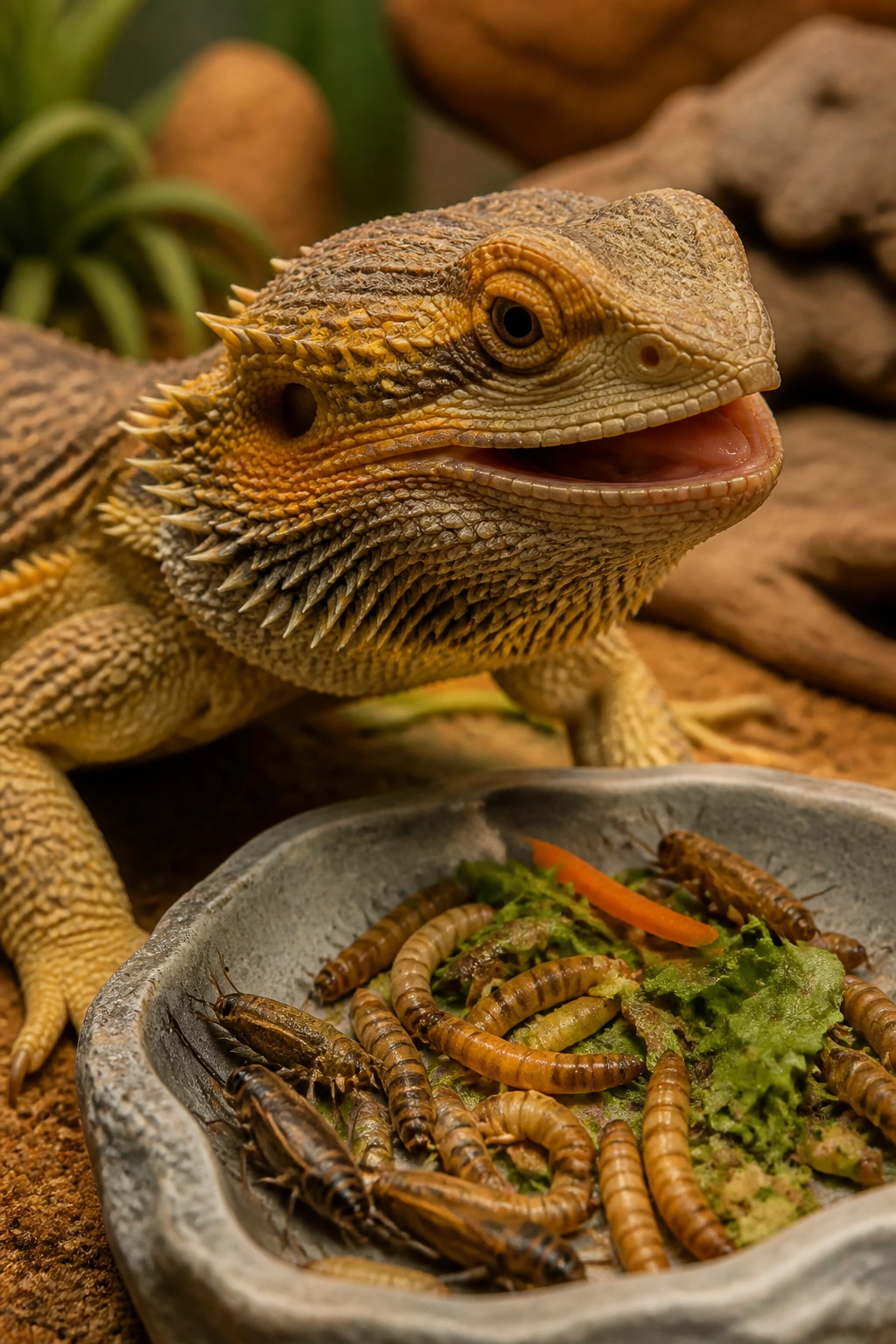 Can Bearded Dragons Eat Strawberries? All You Need to Know 2 Close-up of a bearded dragon in a terrarium with crickets and greens, illustrating its normal diet