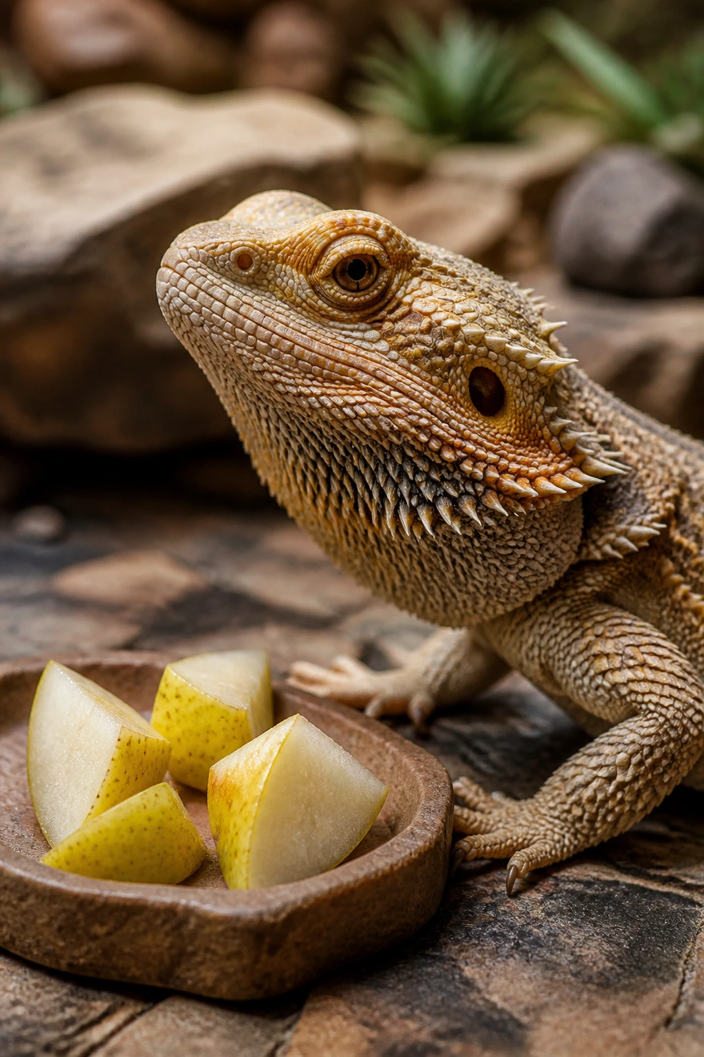 Can Bearded Dragons Eat Pears? Are They A Safe Choice? 8 Close-up bearded dragon portrait in desert terrarium emphasizing fruit inclusion context.