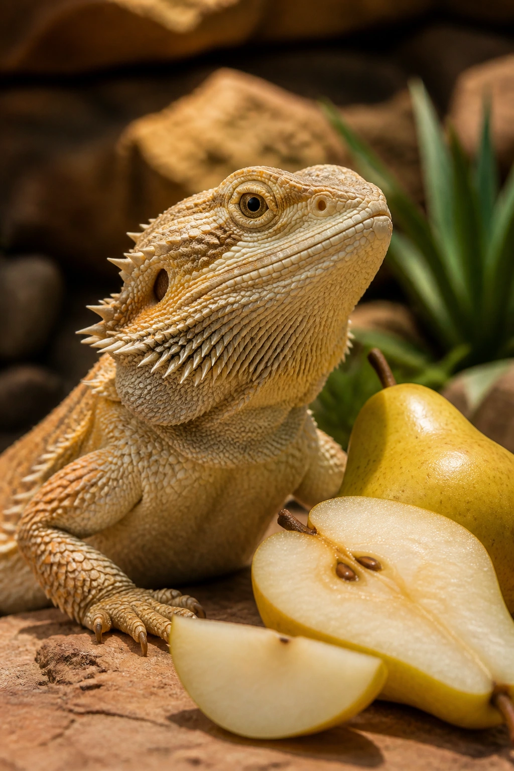 Can Bearded Dragons Eat Pears? Are They A Safe Choice? 11 Close-up bearded dragon portrait in terrarium with feeding considerations context.