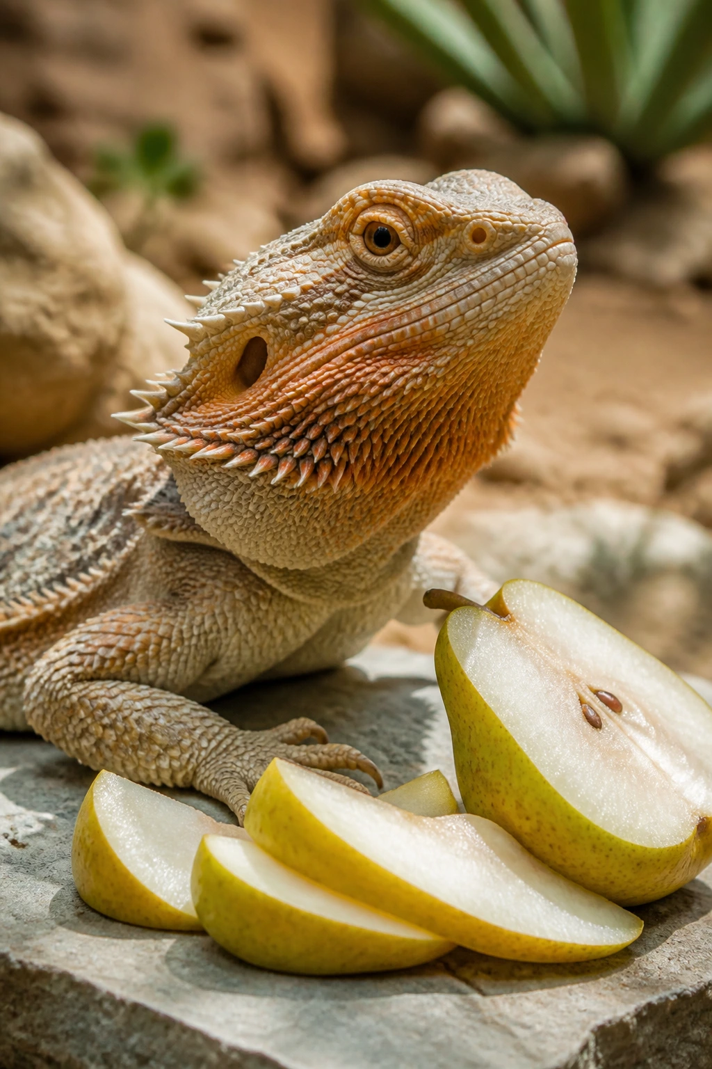 Can Bearded Dragons Eat Pears? Are They A Safe Choice? 9 Close-up bearded dragon portrait in a desert terrarium highlighting pears context.