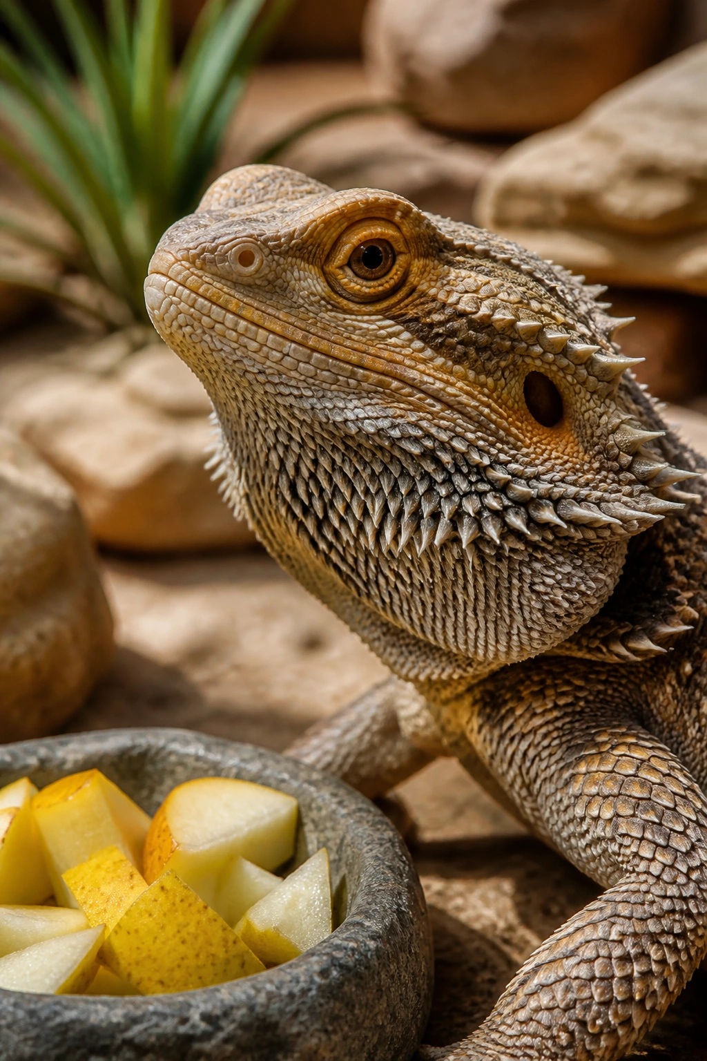 Can Bearded Dragons Eat Pears? Are They A Safe Choice? 10 Close-up bearded dragon portrait in terrarium with pear nutrition context.