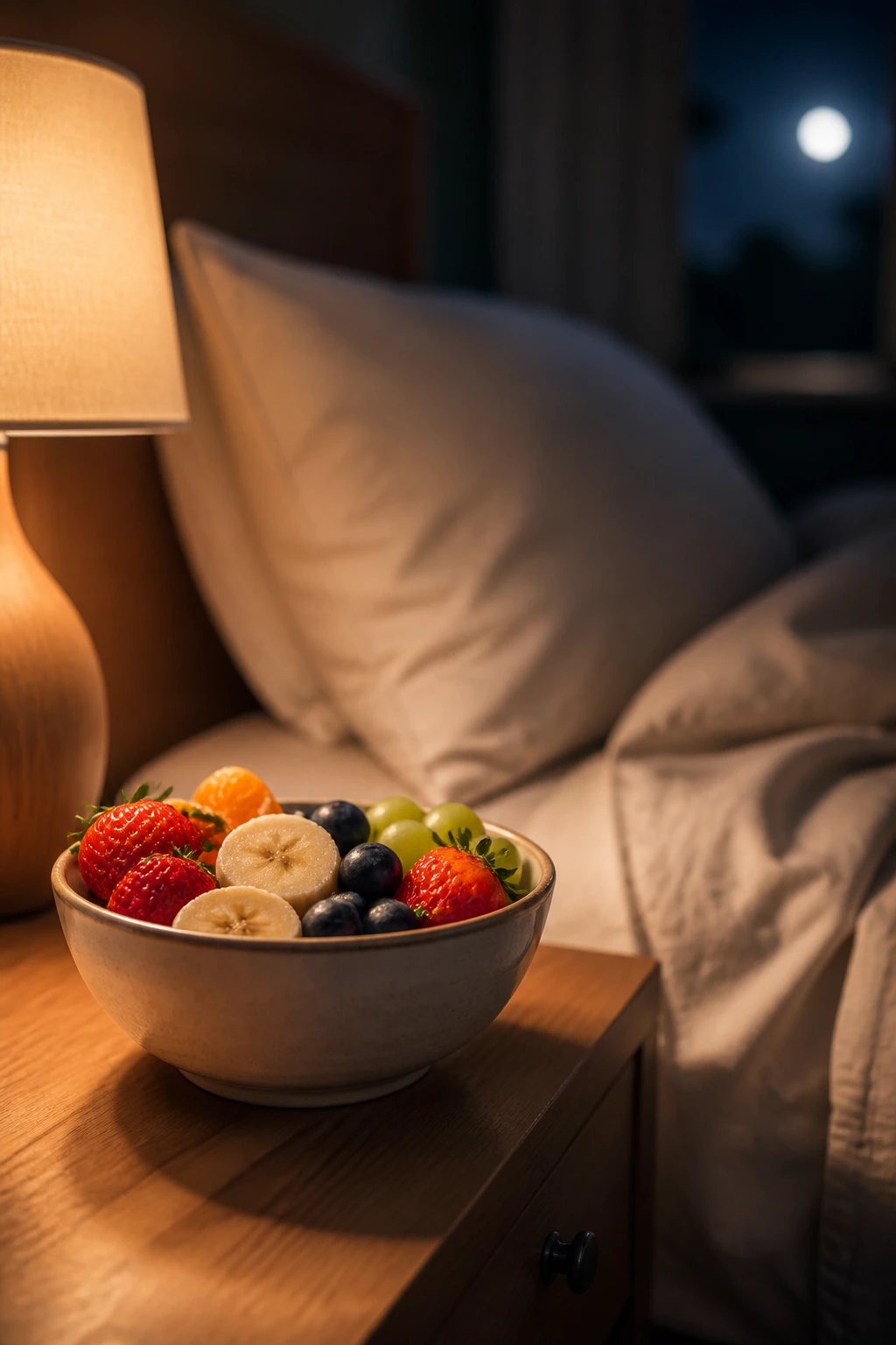 Cozy bedroom nightstand with a bowl of fresh fruit for bedtime