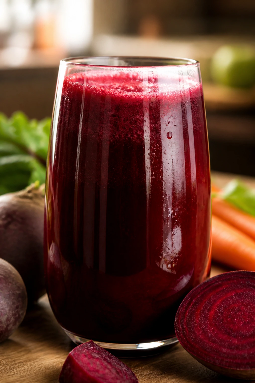 Close-up of a glass of Beet Juice for Liver Health with deep ruby color.