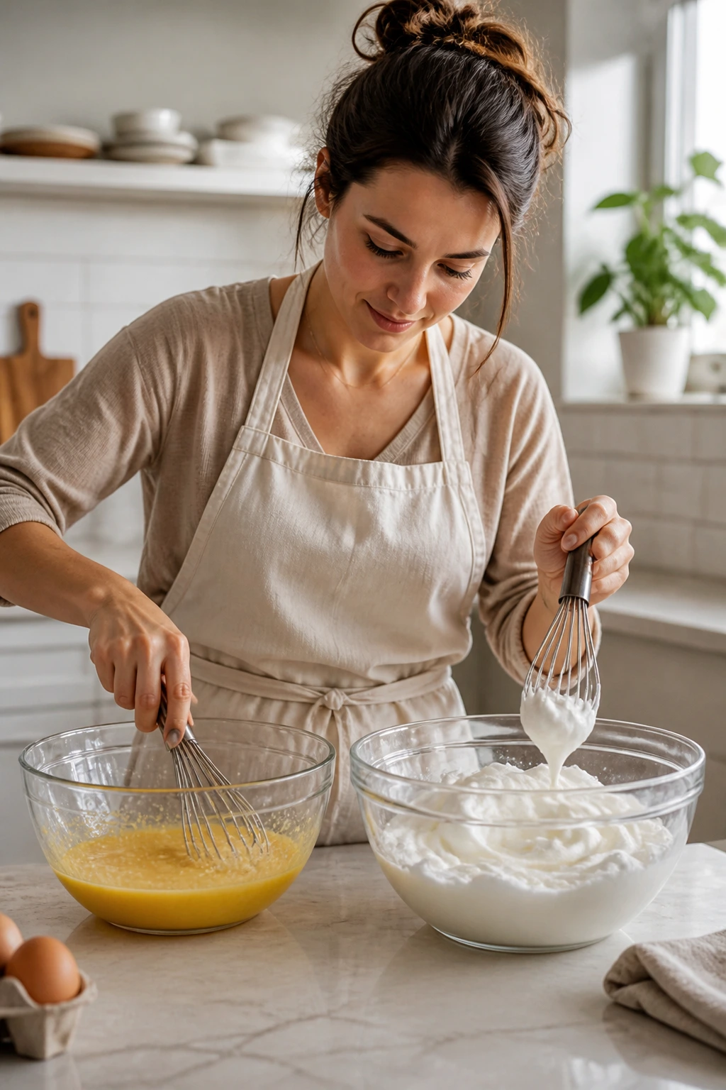 Close-up of a real person whisking egg yolks with milk in one bowl and beating egg whites in another.