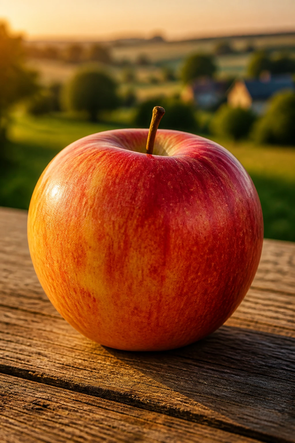 Single apple on wooden table with golden hour Belgian countryside background