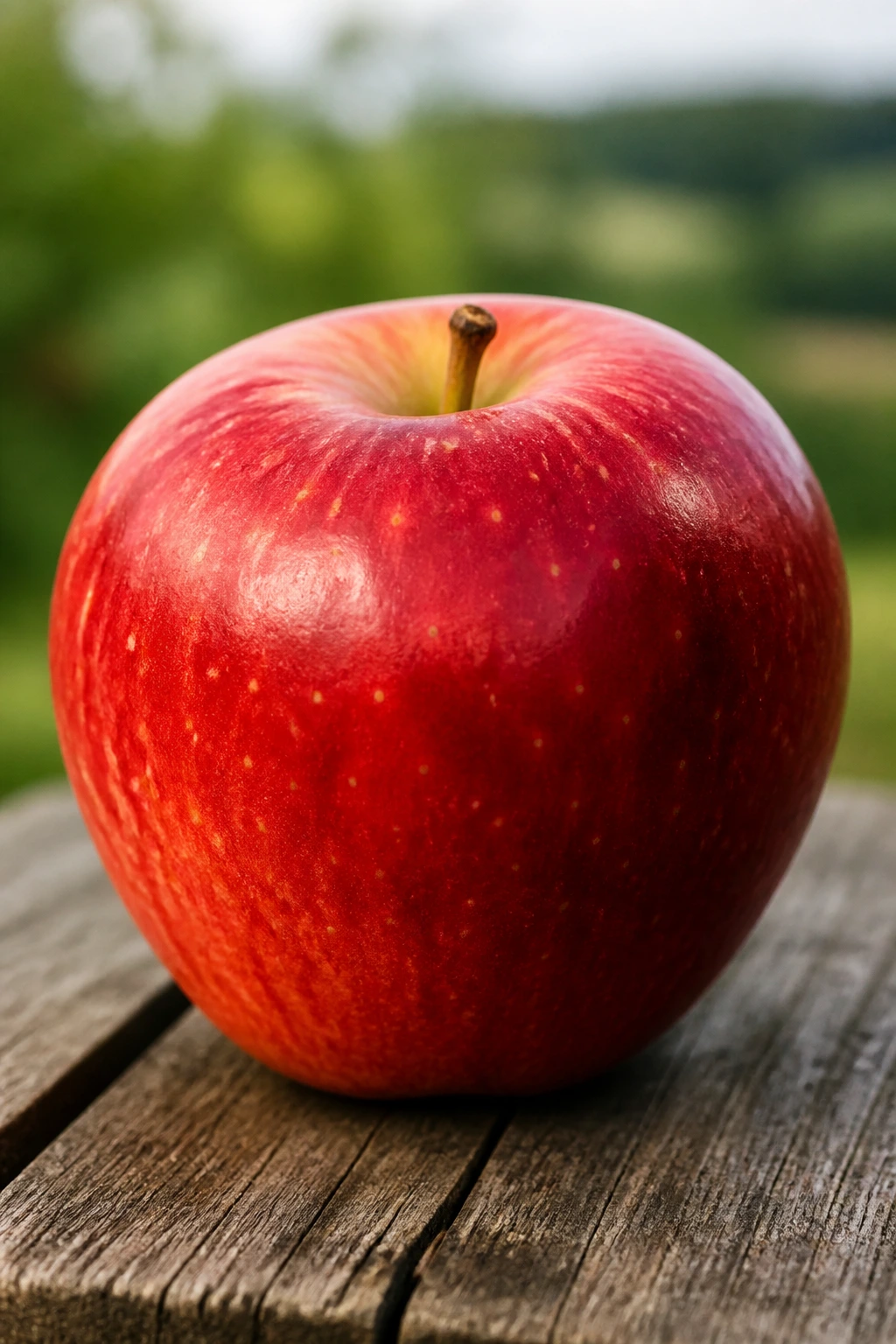 Close-up of a single glossy Belgian apple on a rustic wooden table in natural light