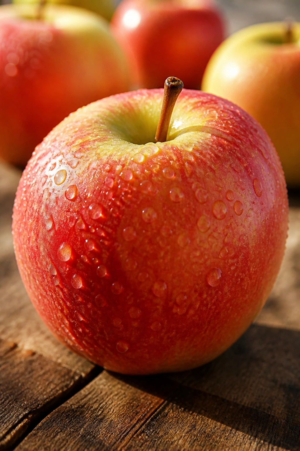 Dewy Belgian apple on wood with morning light