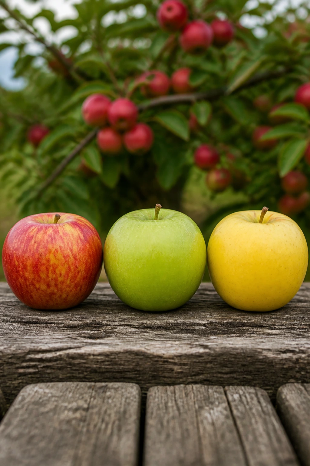 Three Belgian apple varieties arranged on wood to show diversity