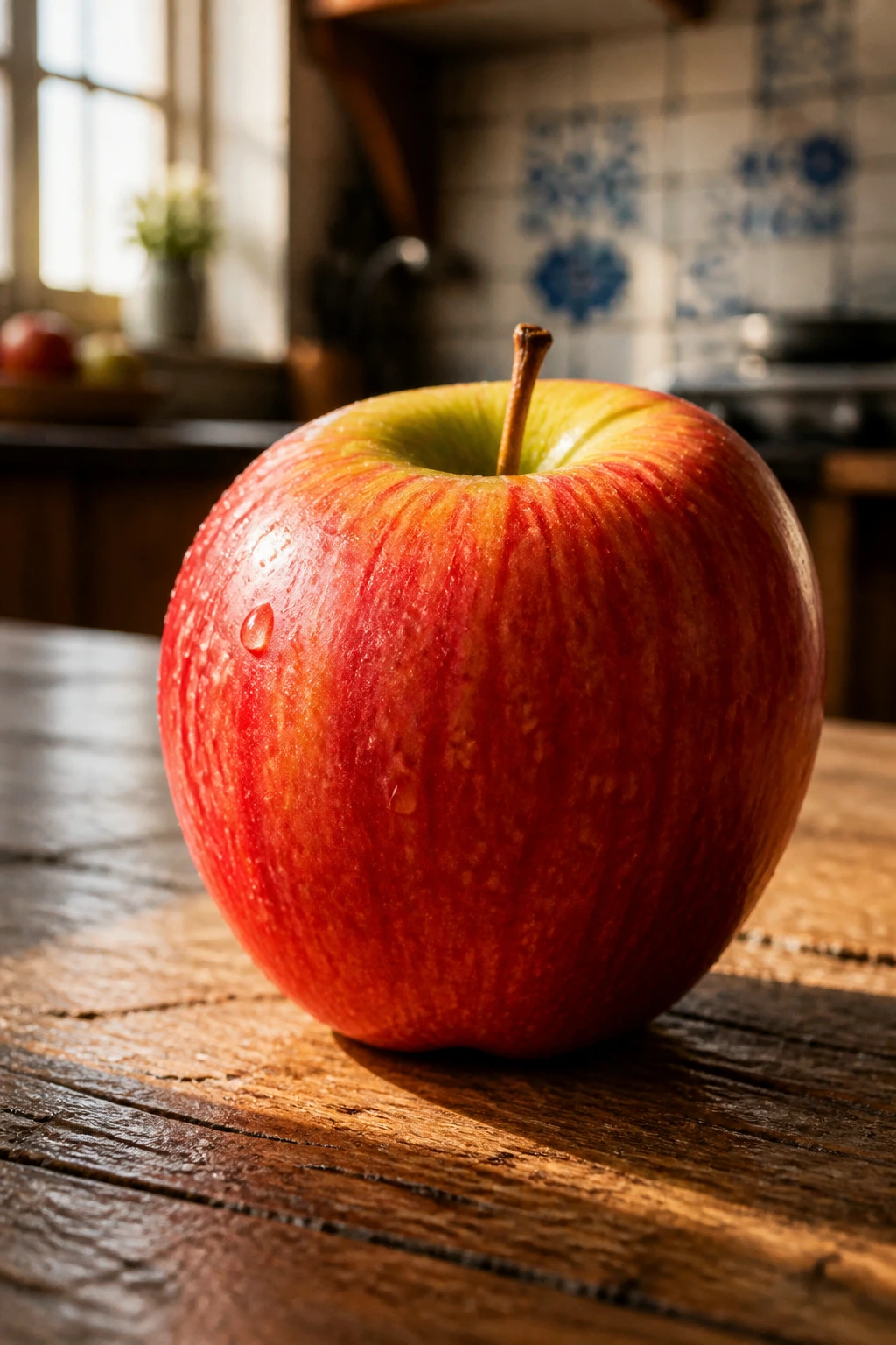 Bright apple on rustic kitchen counter in warm Belgian home setting