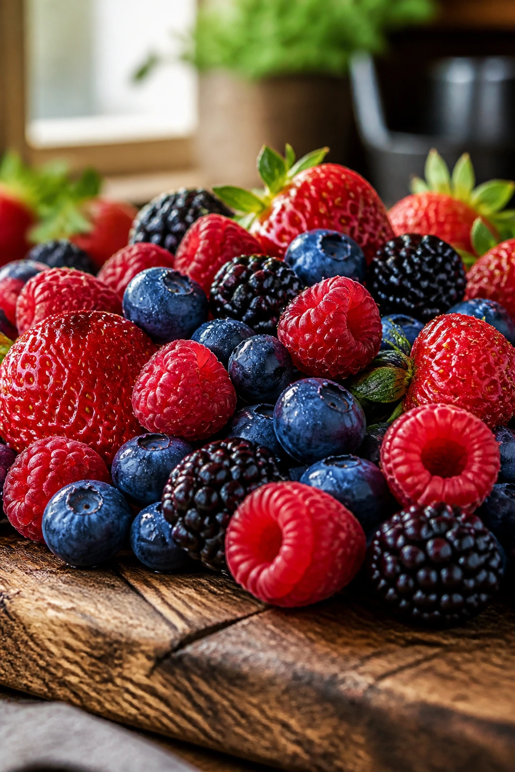 Macro close-up of mixed berries filling the frame on wooden cutting board