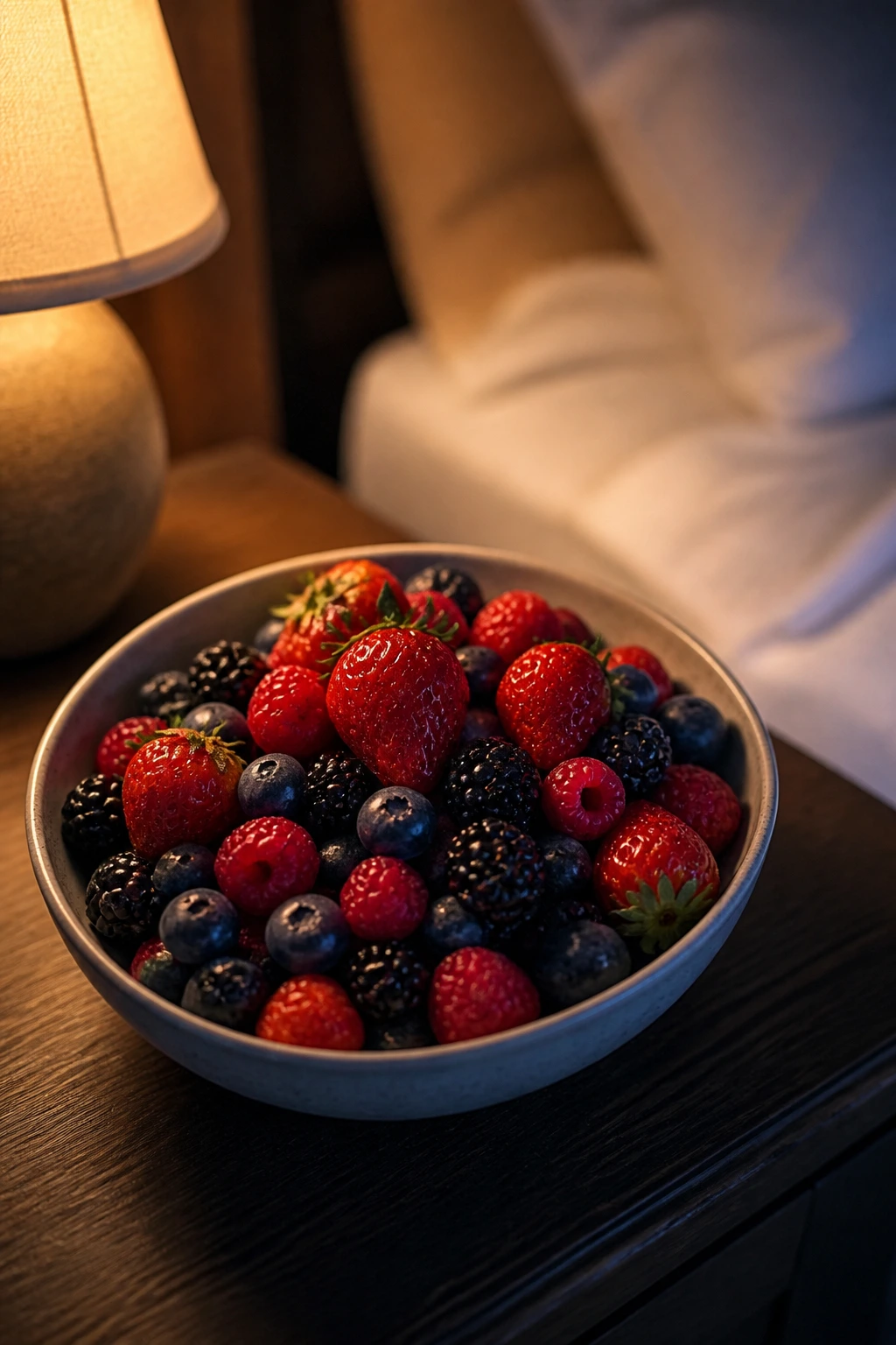 Close-up of mixed berries on a nightstand with warm bedside light