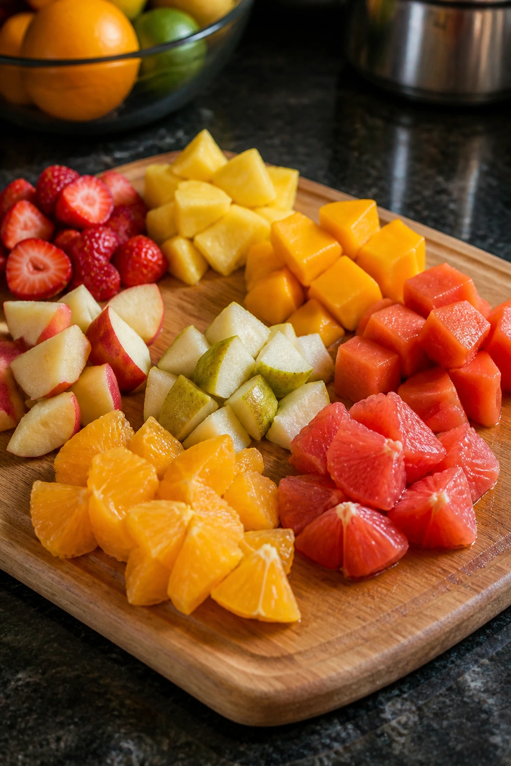 Storing Your Fruit Salad to Last - Freezing Fresher, Longer 4 Fresh fruit chunks laid out on a cutting board for freezing.