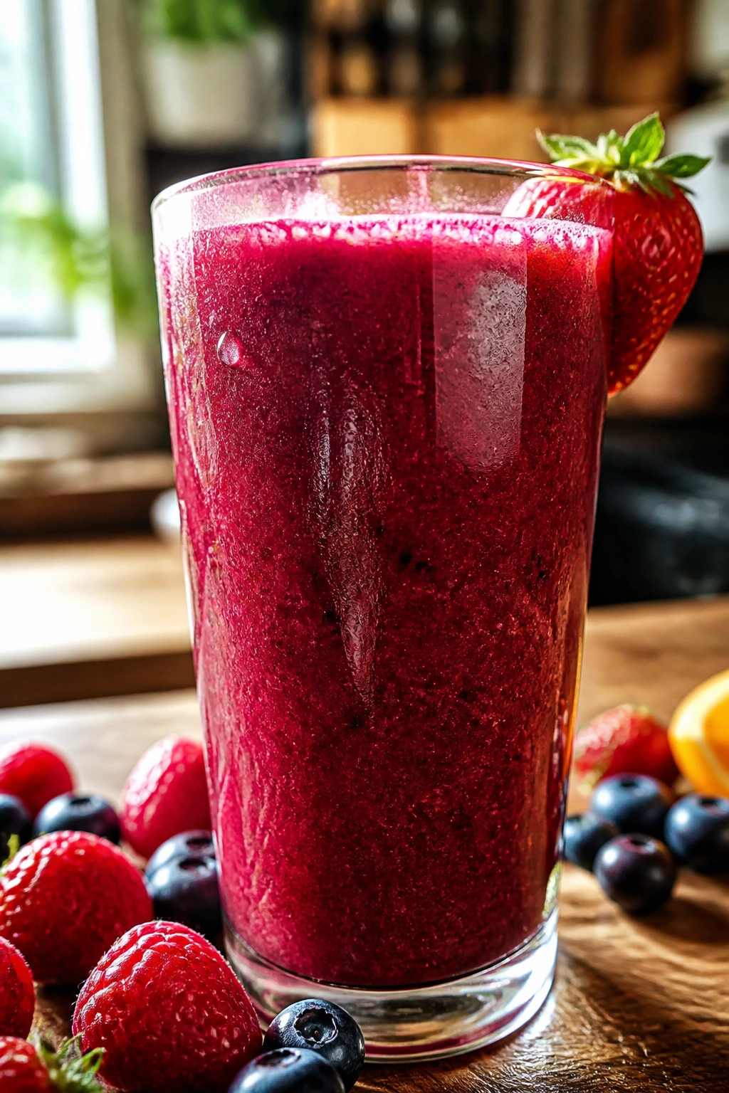 Close-up of a glass of Berry Power Immunity Juice with deep red-purple color.