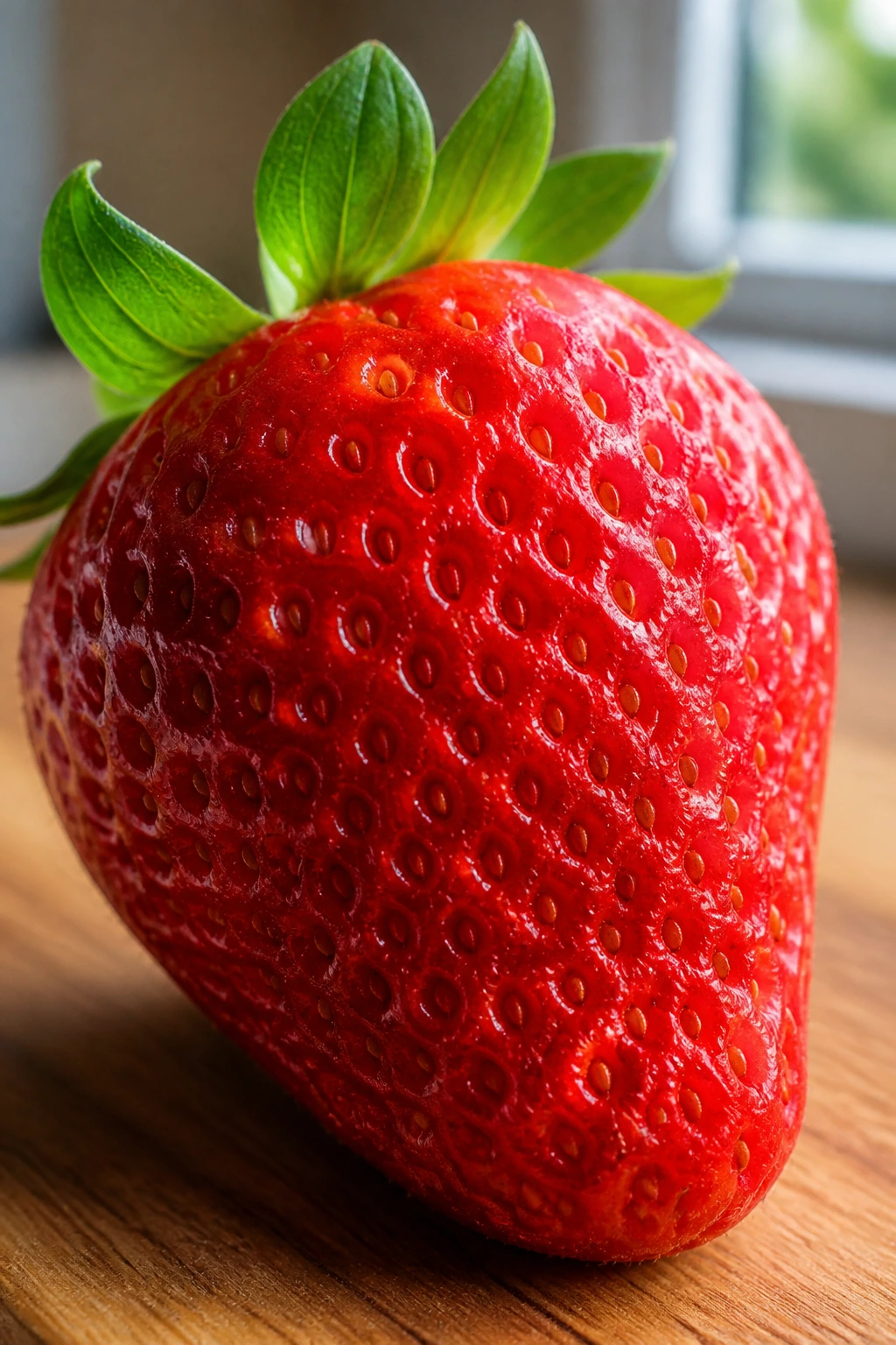 Close-up of a ripe strawberry filling the frame on a wooden cutting board.