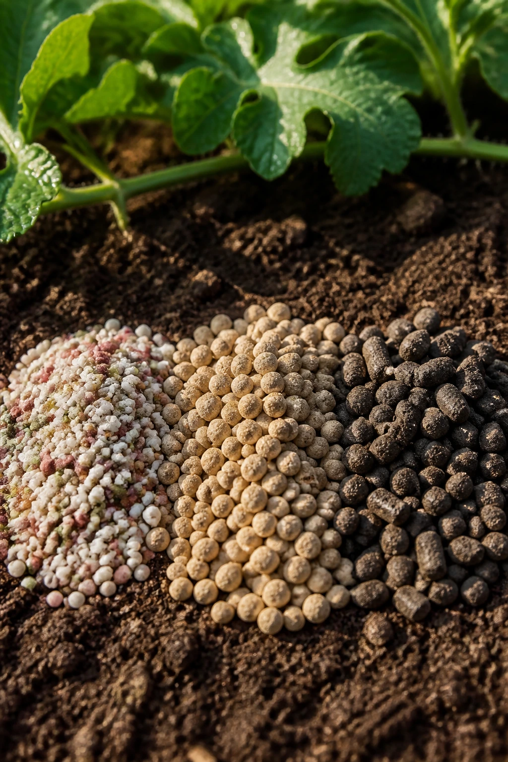 Gardener's Guide: The Best Fertilizer for Watermelons 6 Three fertilizer granules types on soil representing best watermelon fertilizer options