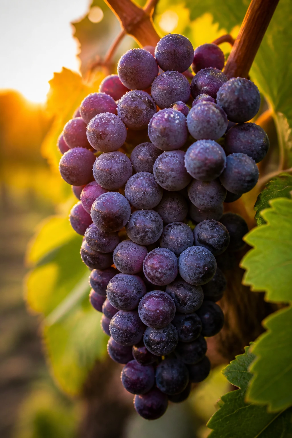 Close-up of a ripe grape cluster bathed in golden hour light