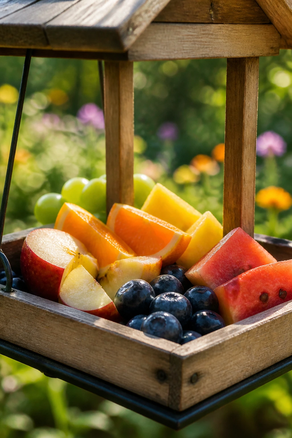 Close-up of colorful fruits in a bird feeder in a sunlit garden