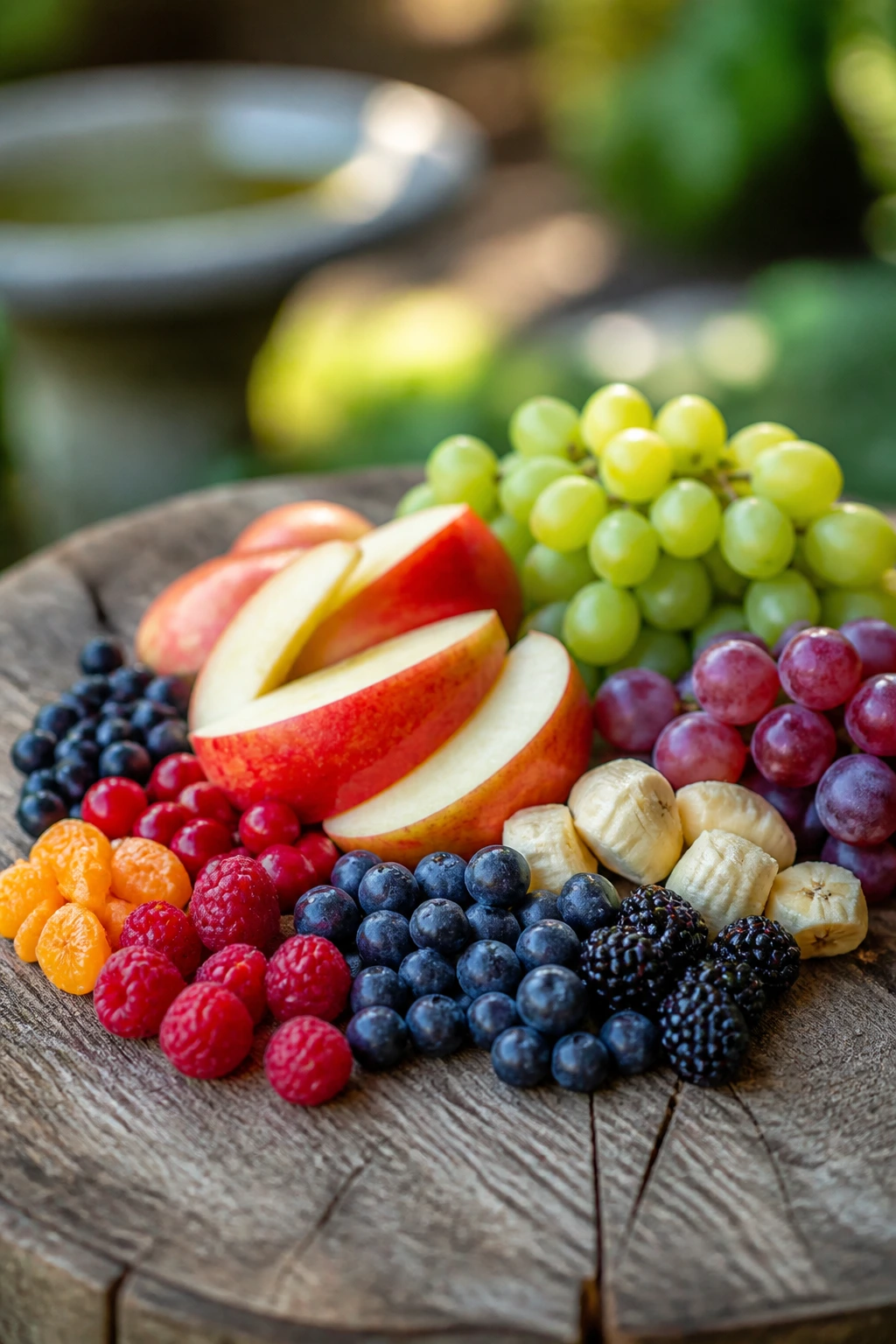 Close-up of assorted berries and apple slices on wood, showing size variety for birds