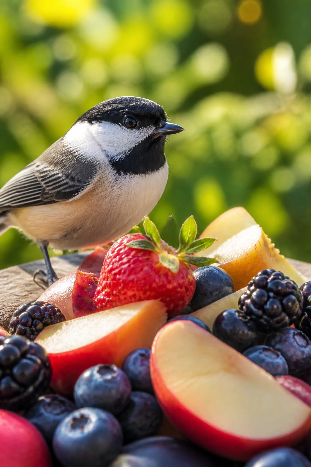 Close-up of a small songbird near fresh berries and apple slices in a sunlit garden