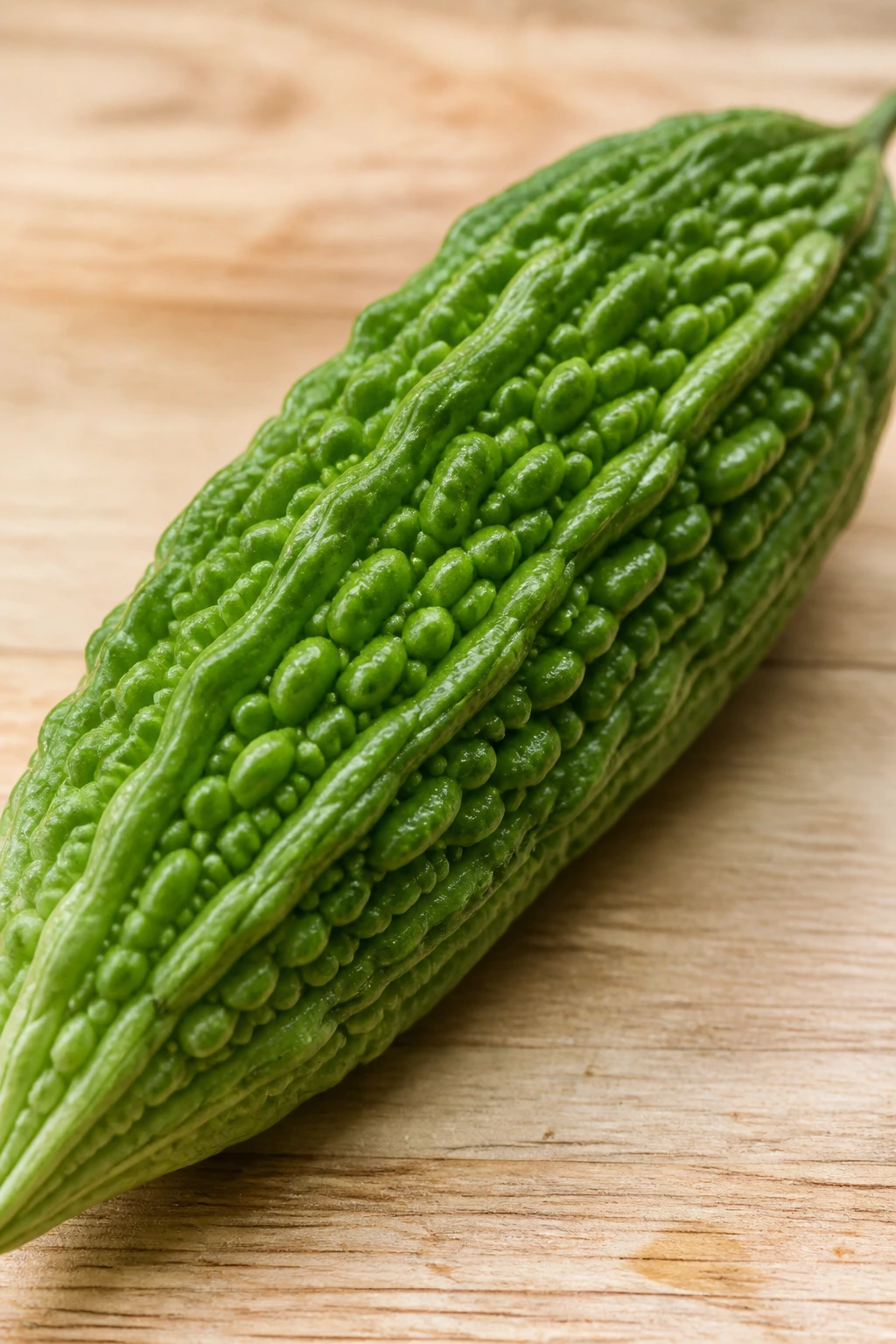 Close-up of a bitter melon with warty surface on a wooden counter