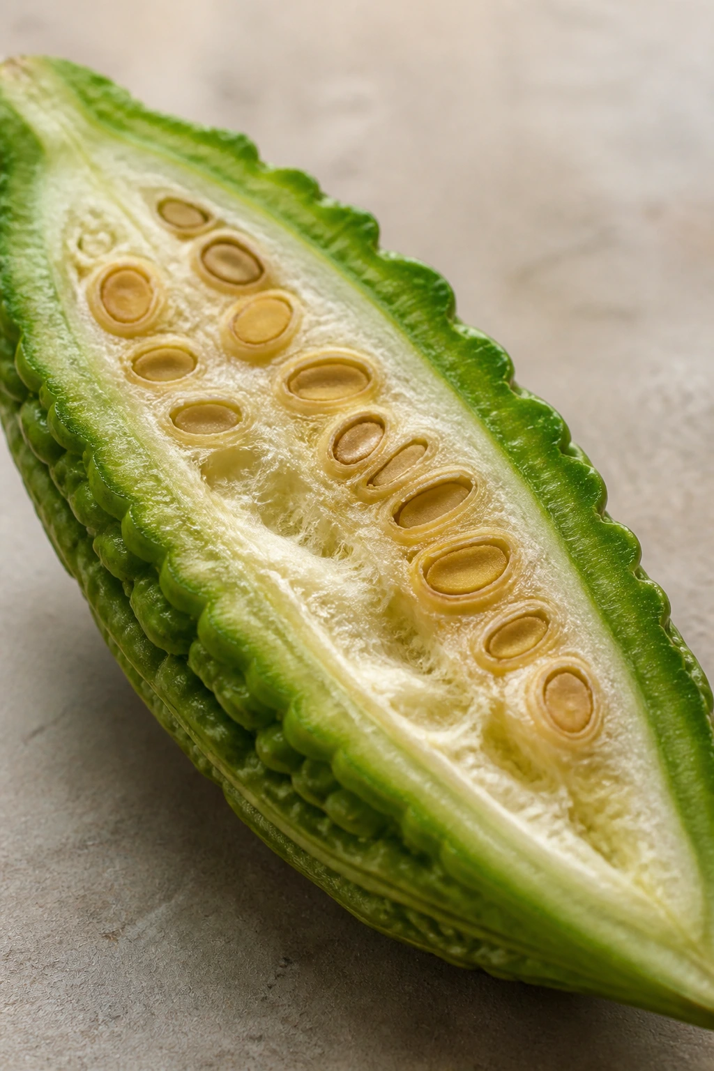 Is Bitter Melon Bad Or Good For Gout? Find Out Now! 3 Bitter Melon half close-up ready for cooking in gout diet